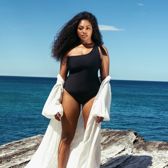 Saint Somebody Swim Now or Never One Shoulder Black Swimsuit Bathing Suit - Picture 2 of 11